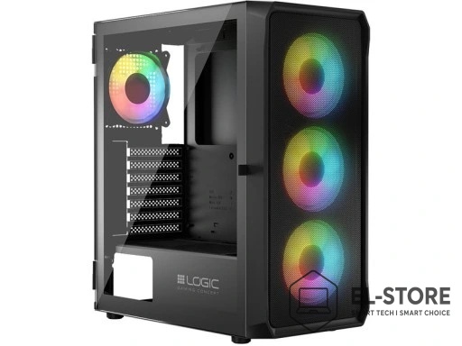 Komputer gamingowy Pricemax AX8 ARGB z włączonym podświetleniem RGB na obudowie i peryferiach.